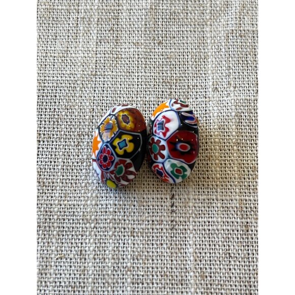 Vintage Millefiori Clip-On Earrings With Colorful Floral Glass Design - Picture 2 of 13